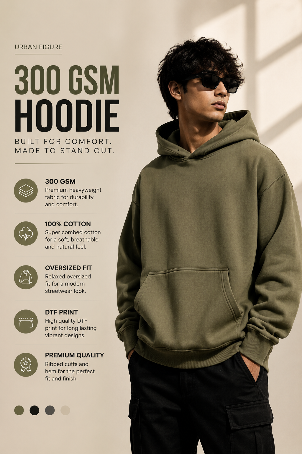 URBAN FIGURE Premium 300 GSM Oversized Hoodie – Olive Green